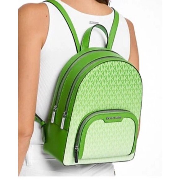 New Michael Kors Jaycee Medium Ombré Signature Logo Backpack Jungle Green - Picture 1 of 5